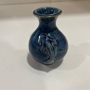 Small pottery vase blue with fish detail 3” bud vase